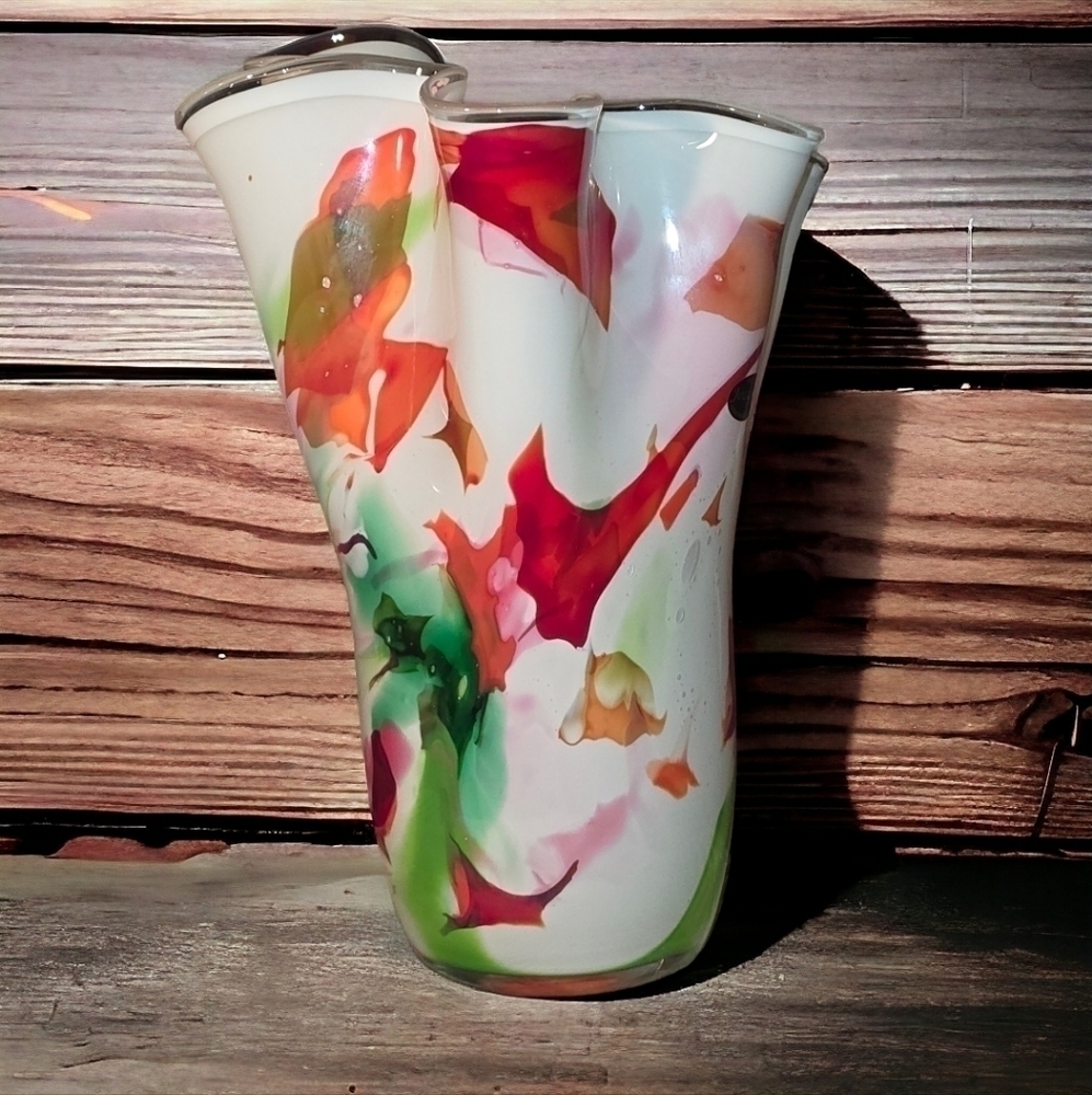 Vintage Jozefina Krosno, Poland- 14" High White/Multicolor Splash Handblown Vase